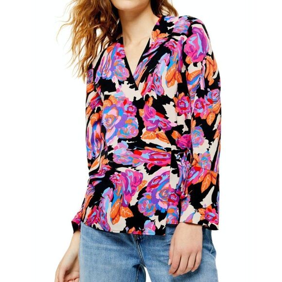Topshop Tops - Topshop Black Bold Floral True Wrap Tie Blouse Long Sleeve Womens 6